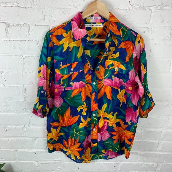 Tommy Hilfiger Long Sleeve Button Up Top Blouse 4 tropical hawaiian - Picture 1 of 3